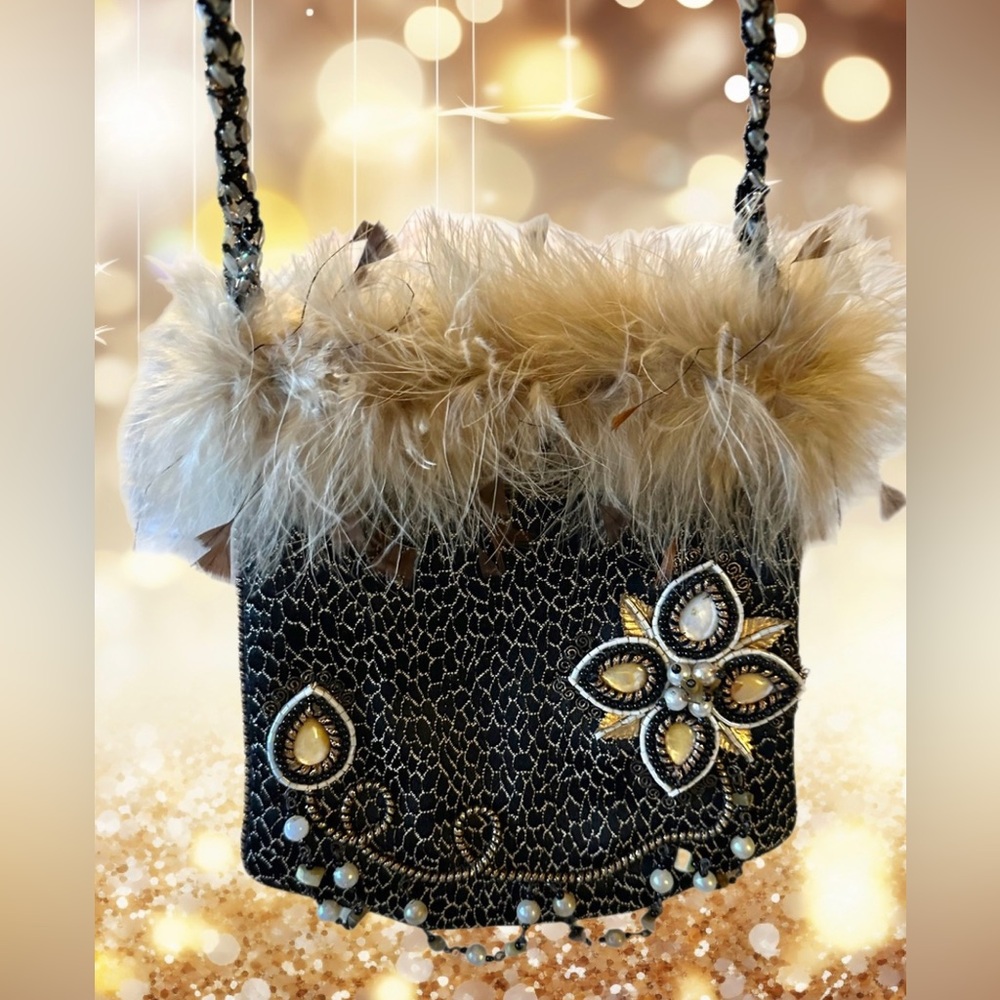 MARY FRANCES Black/Brown with Gold & Cream Bead Embellishments & Feathers - Picture 12 of 12